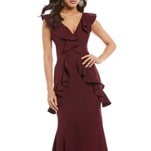 Gianni Bini Burgundy Ruffle Shoulder V-Neck Dress